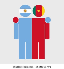 Ilustração plana de duas figuras humanas com as bandeiras da Argentina e dos Camarões como cabeças. Design minimalista, fundo isolado.