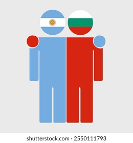 Flat illustration of two human figures with Argentina and Bulgaria flags as heads. Minimalistic design, isolated background.