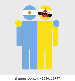 Flat illustration of two human figures with Argentina and Brunei Darussalam flags as heads. Minimalistic design, isolated background.