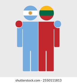 Flat illustration of two human figures with Argentina and Lithuania flags as heads. Minimalistic design, isolated background.