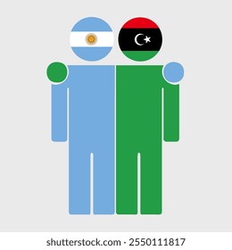 Flat illustration of two human figures with Argentina and Libya flags as heads. Minimalistic design, isolated background.