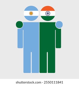 Flat illustration of two human figures with Argentina and India flags as heads. Minimalistic design, isolated background.