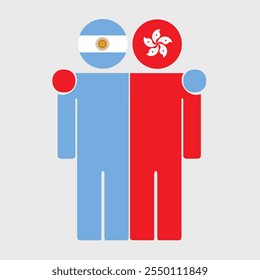 Ilustração plana de duas figuras humanas com a Argentina e as bandeiras de Hong Kong como cabeças. Design minimalista, fundo isolado.