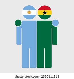 Flache Illustration von zwei menschlichen Figuren mit Argentinien- und Ghana-Flaggen als Köpfe. Minimalistisches Design, isolierter Hintergrund.