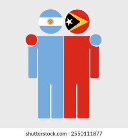 Flat illustration of two human figures with Argentina and East Timor flags as heads. Minimalistic design, isolated background.