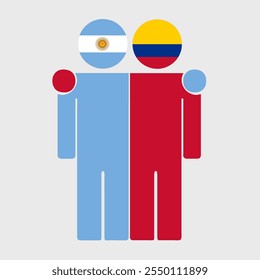 Flat illustration of two human figures with Argentina and Colombia flags as heads. Minimalistic design, isolated background.