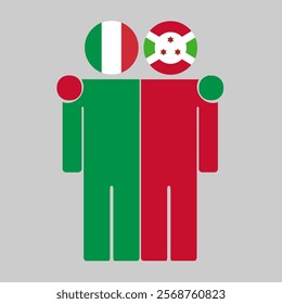 Flat illustration of two human figures with Italy and Burundi flags as heads. Minimalistic design, isolated background.