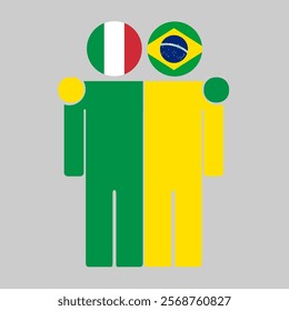 Flat illustration of two human figures with Italy and Brazil flags as heads. Minimalistic design, isolated background.