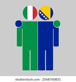 Flat illustration of two human figures with Italy, Bosnia and Herzegovina flags as heads. Minimalistic design, isolated background.