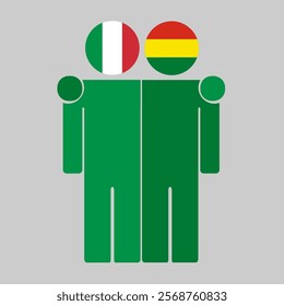 Flat illustration of two human figures with Italy and Bolivia flags as heads. Minimalistic design, isolated background.