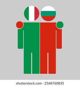 Flat illustration of two human figures with Italy and Bulgaria flags as heads. Minimalistic design, isolated background.