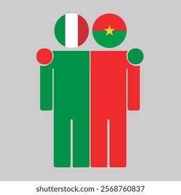 Flat illustration of two human figures with Italy and Burkina Faso flags as heads. Minimalistic design, isolated background.