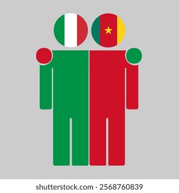 Flat illustration of two human figures with Italy and Cameroon flags as heads. Minimalistic design, isolated background.