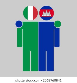 Flat illustration of two human figures with Italy and Cambodia flags as heads. Minimalistic design, isolated background.