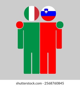 Flat illustration of two human figures with Italy and Slovenia flags as heads. Minimalistic design, isolated background.