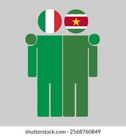 Flat illustration of two human figures with Italy and Suriname flags as heads. Minimalistic design, isolated background.