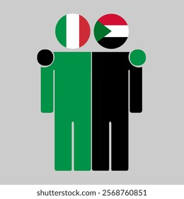 Flat illustration of two human figures with Italy and Sudan flags as heads. Minimalistic design, isolated background.