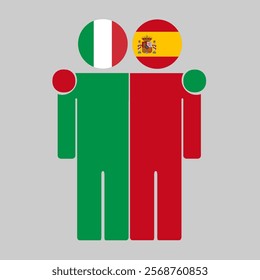 Flat illustration of two human figures with Italy and Spain flags as heads. Minimalistic design, isolated background.