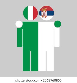 Flat illustration of two human figures with Italy and Serbia flags as heads. Minimalistic design, isolated background.