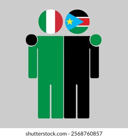 Flat illustration of two human figures with Italy and South Sudan flags as heads. Minimalistic design, isolated background.