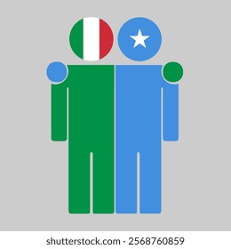 Flat illustration of two human figures with Italy and Somalia flags as heads. Minimalistic design, isolated background.