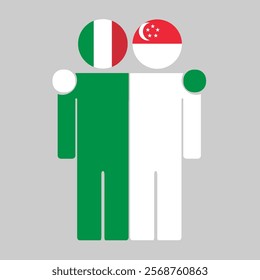 Flat illustration of two human figures with Italy and Singapore flags as heads. Minimalistic design, isolated background.