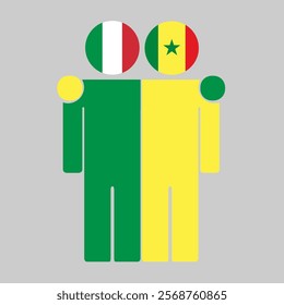 Flat illustration of two human figures with Italy and Senegal flags as heads. Minimalistic design, isolated background.