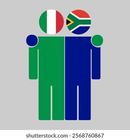 Flat illustration of two human figures with Italy and South Africa flags as heads. Minimalistic design, isolated background.