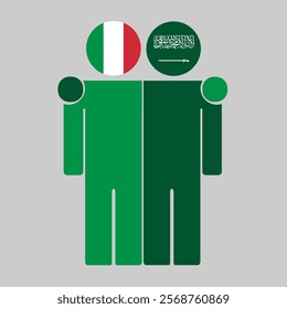 Flat illustration of two human figures with Italy and Saudi Arabia flags as heads. Minimalistic design, isolated background.