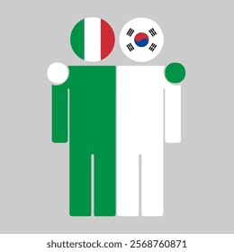 Flat illustration of two human figures with Italy and South Korea flags as heads. Minimalistic design, isolated background.