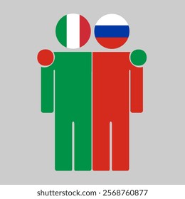 Flat illustration of two human figures with Italy and Russia flags as heads. Minimalistic design, isolated background.