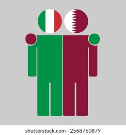 Flat illustration of two human figures with Italy and Qatar flags as heads. Minimalistic design, isolated background.