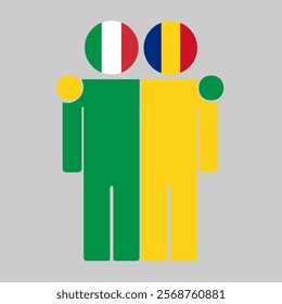 Flat illustration of two human figures with Italy and Romania flags as heads. Minimalistic design, isolated background.