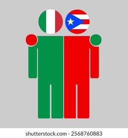 Flat illustration of two human figures with Italy and Puerto Rico flags as heads. Minimalistic design, isolated background.