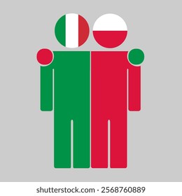 Flat illustration of two human figures with Italy and Poland flags as heads. Minimalistic design, isolated background.