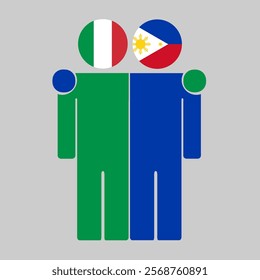 Flat illustration of two human figures with Italy and Philippines flags as heads. Minimalistic design, isolated background.