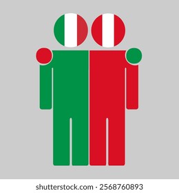 Flat illustration of two human figures with Italy and Peru flags as heads. Minimalistic design, isolated background.