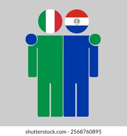 Flat illustration of two human figures with Italy and Paraguay flags as heads. Minimalistic design, isolated background.