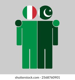 Flat illustration of two human figures with Italy and Pakistan flags as heads. Minimalistic design, isolated background.