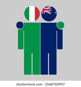 Flat illustration of two human figures with Italy and New Zealand flags as heads. Minimalistic design, isolated background.