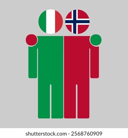 Flat illustration of two human figures with Italy and Norway flags as heads. Minimalistic design, isolated background.