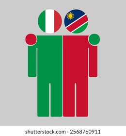 Flat illustration of two human figures with Italy and Namibia flags as heads. Minimalistic design, isolated background.