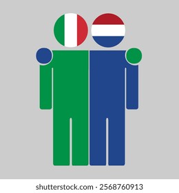 Flat illustration of two human figures with Italy and Netherlands flags as heads. Minimalistic design, isolated background.