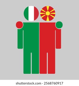 Flat illustration of two human figures with Italy and North Macedonia flags as heads. Minimalistic design, isolated background.