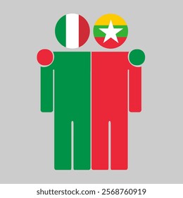 Flat illustration of two human figures with Italy and Myanmar flags as heads. Minimalistic design, isolated background.