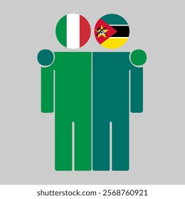 Flat illustration of two human figures with Italy and Mozambique flags as heads. Minimalistic design, isolated background.