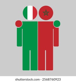 Flat illustration of two human figures with Italy and Morocco flags as heads. Minimalistic design, isolated background.