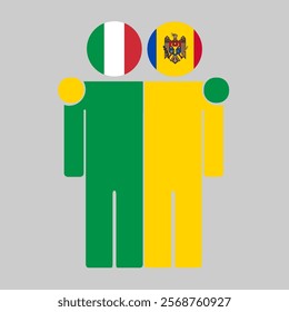 Flat illustration of two human figures with Italy and Moldova flags as heads. Minimalistic design, isolated background.