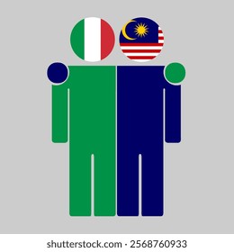 Flat illustration of two human figures with Italy and Malaysia flags as heads. Minimalistic design, isolated background.