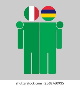 Flat illustration of two human figures with Italy and Mauritius flags as heads. Minimalistic design, isolated background.